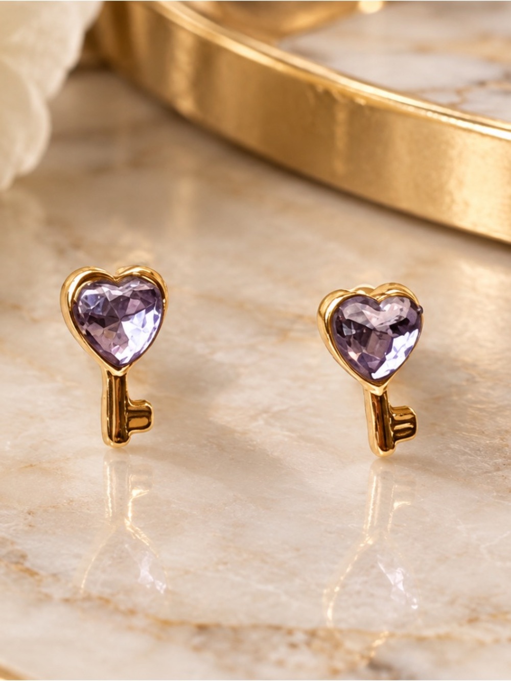 Crystal Heart Key Stud Earrings